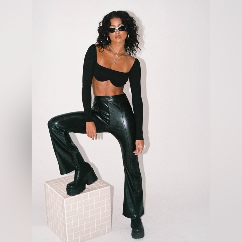 Princess Polly Black Faux Leather Braden Pants High Waisted Flared Center Seam 6